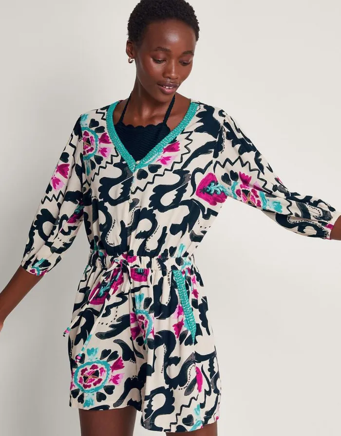 Monsoon Avelle VNeck Print Playsuit Black Women Beachwear and Swimwear