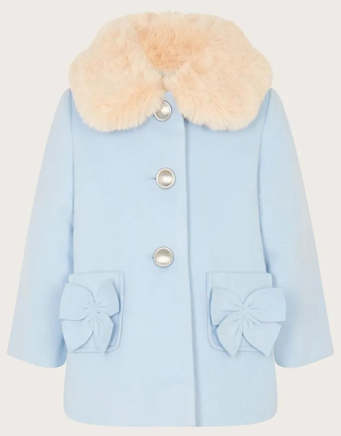 Monsoon Baby Bow Faux Fur Collar Coat Blue Children Coats and Jackets