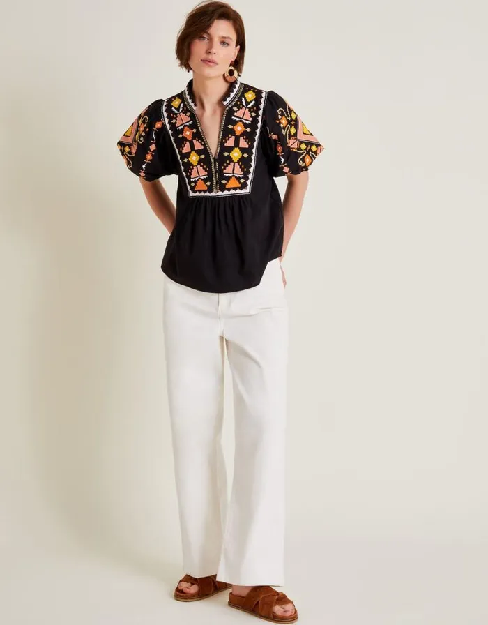 Monsoon Bernie Embroidered Puff Sleeve Blouse Black Women Tops and Blouses