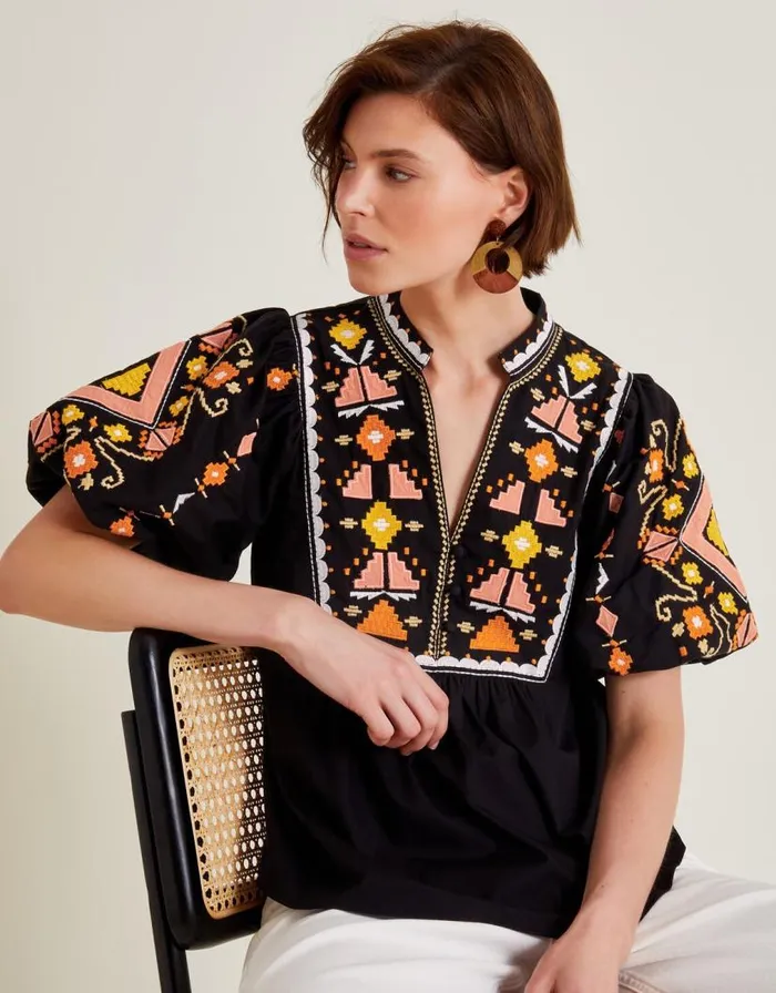 Monsoon Bernie Embroidered Puff Sleeve Blouse Black Women Tops and Blouses Monsoon Bernie Embroidered Puff Sleeve Blouse Black Women Tops and Blouses