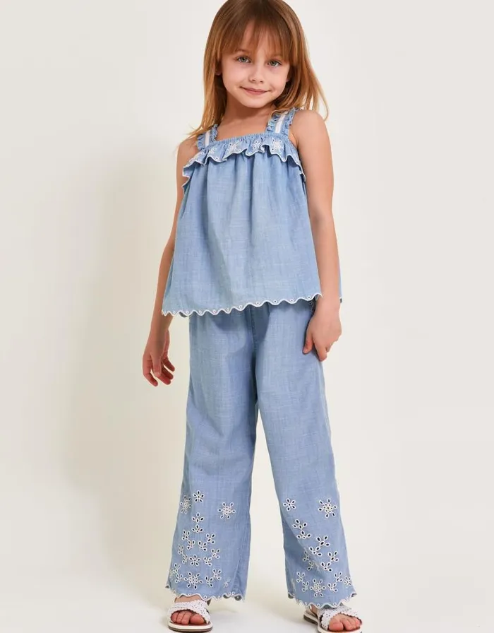 Monsoon Broderie WideLeg Trousers Blue Children Trousers and Shorts