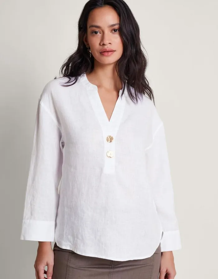 Monsoon Camille Button Linen Top White Women Casualwear