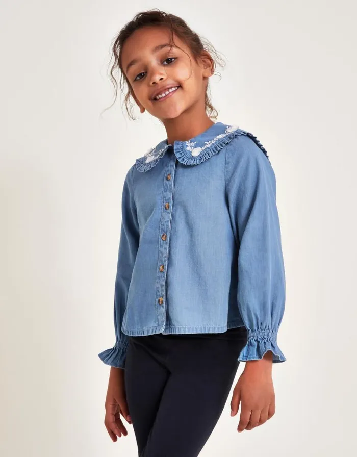 Monsoon Chambray Collared Blouse Blue Children Tops and Tshirts