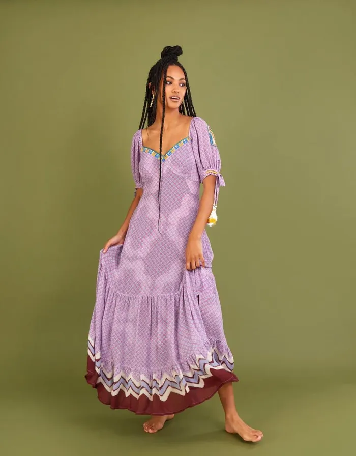 Monsoon Chevron Trim Print Maxi Dress Purple Women Casualwear