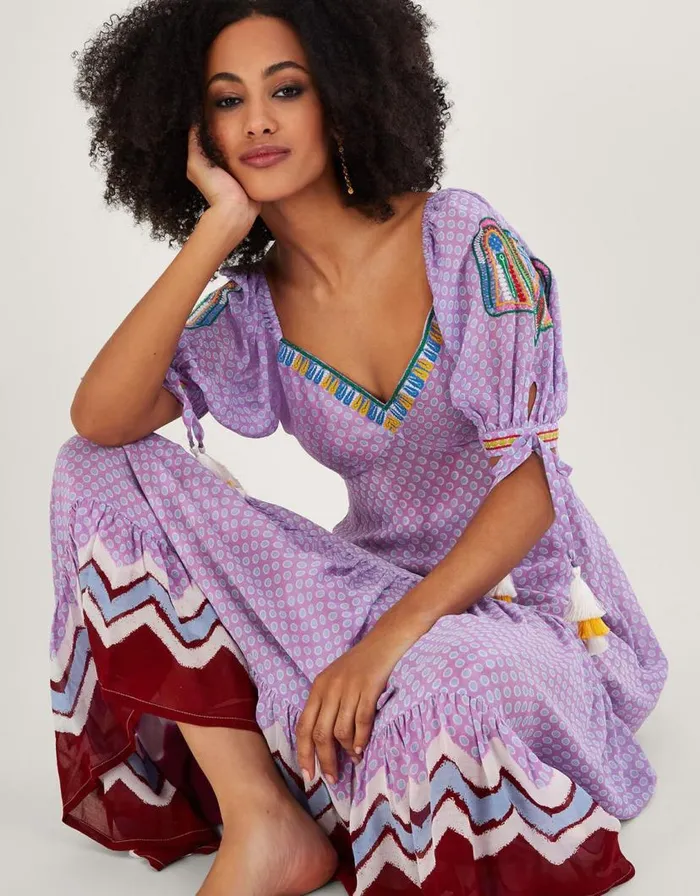 Monsoon Chevron Trim Print Maxi Dress Purple Women Casualwear Monsoon Chevron Trim Print Maxi Dress Purple Women Casualwear