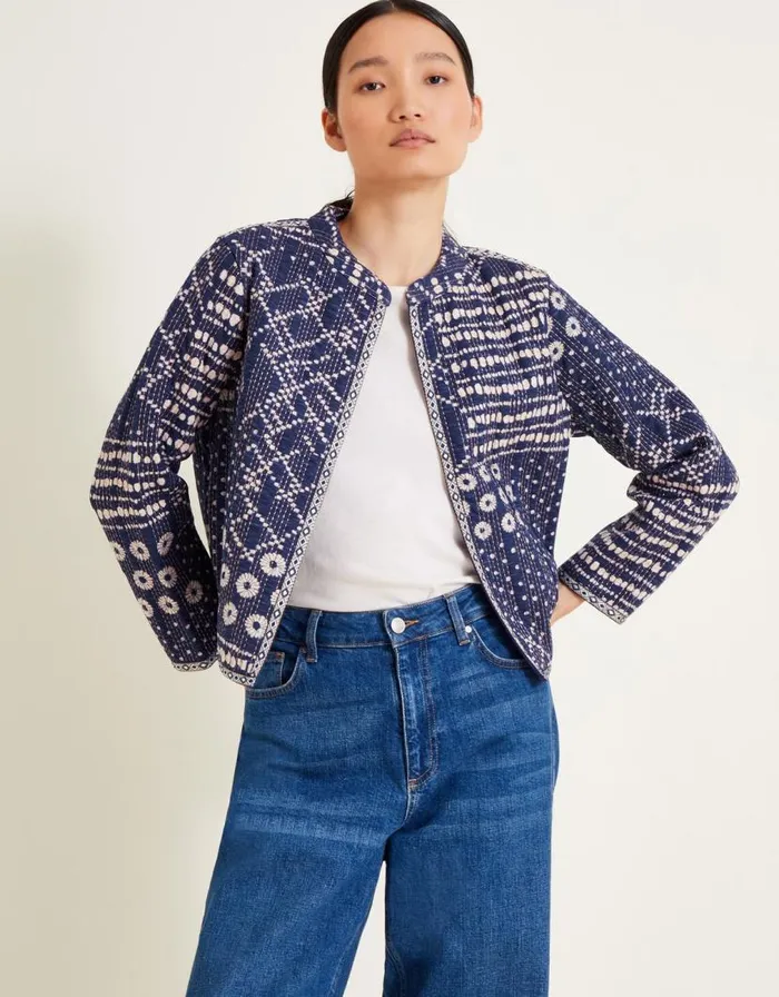 Monsoon Cindy Patch Print Jacket Blue Women Jackets