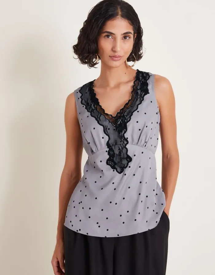 Monsoon Clea Lacy Spot Cami Top Silver Women Tops and Blouses