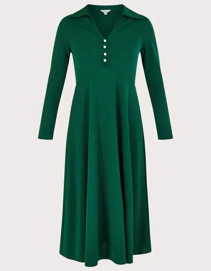 Monsoon Collared Jersey Dress Green Women Midi Dresses Monsoon Collared Jersey Dress Green Women Midi Dresses