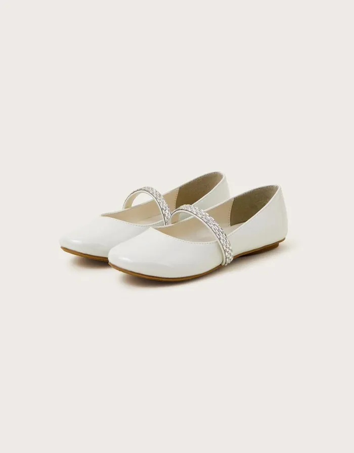 Monsoon Dazzle Patent Ballerina Flats Ivory Children Partywear