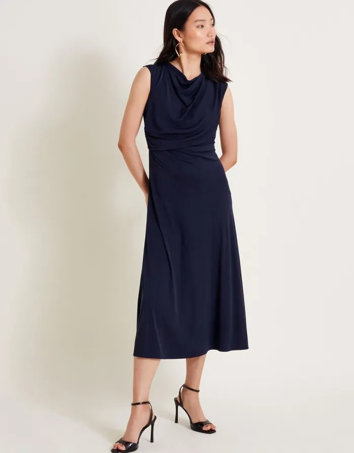 Monsoon Debra Drape Jersey Dress Blue Women Occasion Dresses