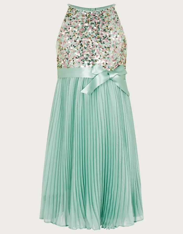 Monsoon Disco Sequin Truth Pleated Dress Green Children Partywear