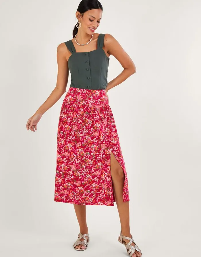 Monsoon Ditsy Floral Print Skirt In Linen Blend Red Women Skirts