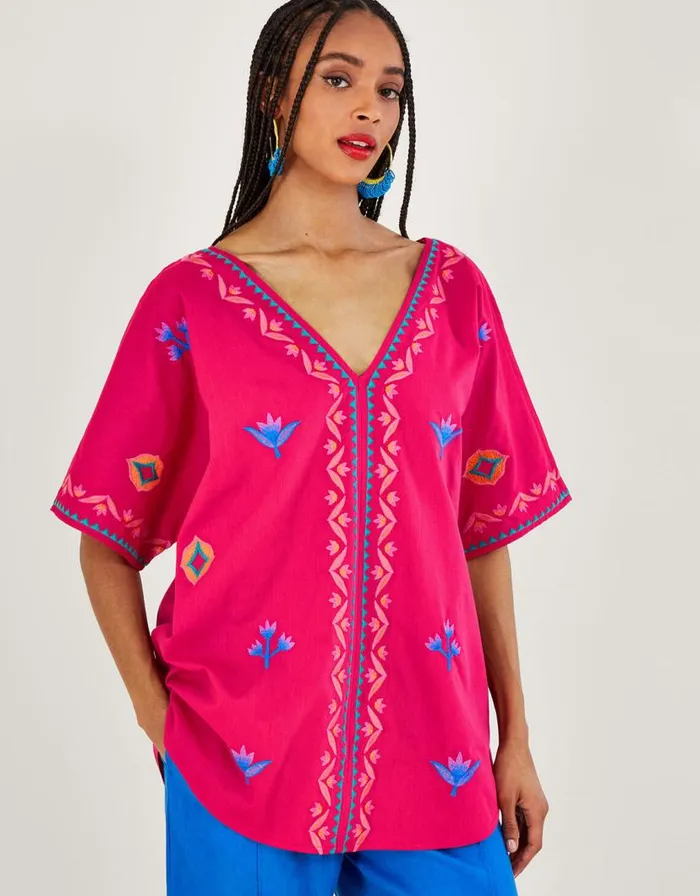 Monsoon Drop Sleeve Embroidered Top Pink Women Tops and Blouses
