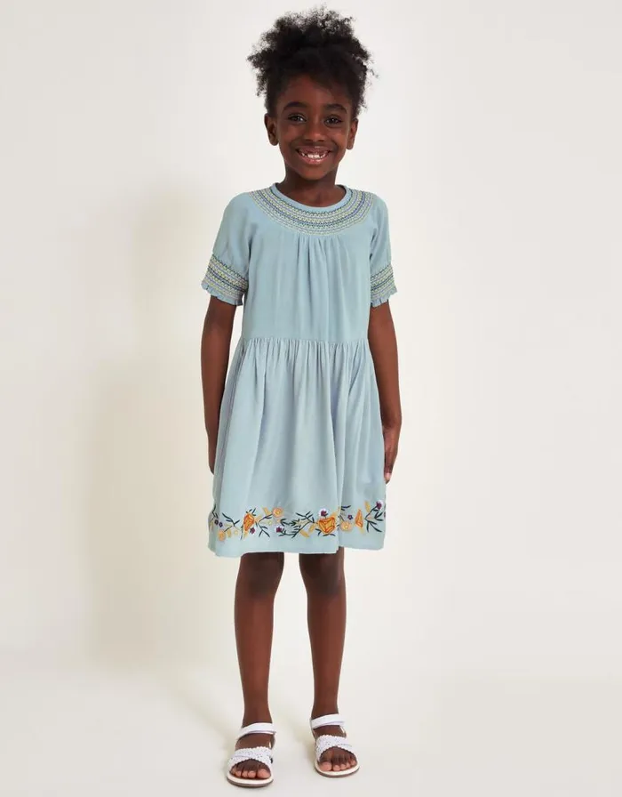 Monsoon Embroidered Shirred Dress Blue Children Dresses