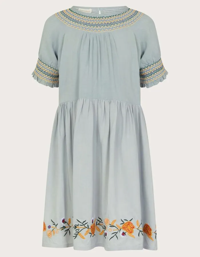 Monsoon Embroidered Shirred Dress Blue Children Dresses Monsoon Embroidered Shirred Dress Blue Children Dresses
