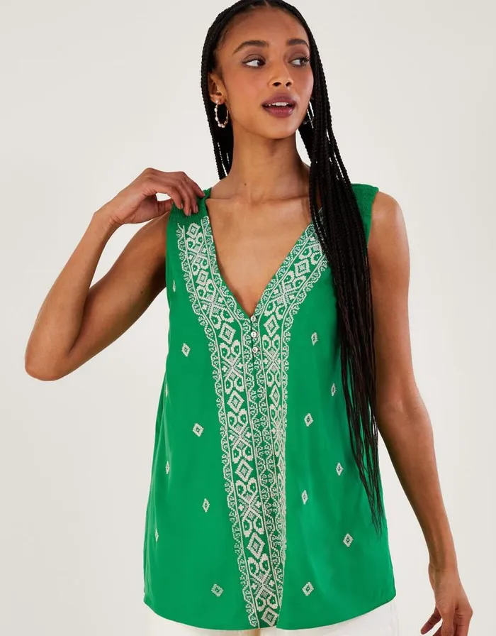 Monsoon Embroidered Wide Strap Vest Top Green Women Tops and Blouses
