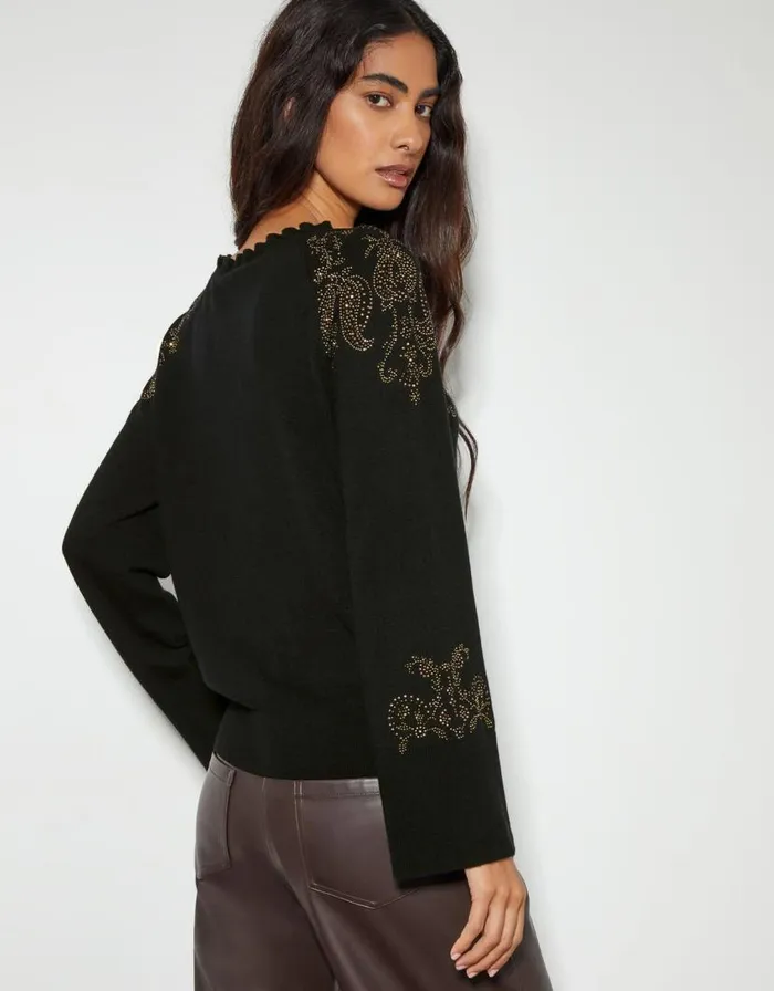 Monsoon Fay Embellished Fair Isle Jumper Black Women Knitwear Monsoon Fay Embellished Fair Isle Jumper Black Women Knitwear