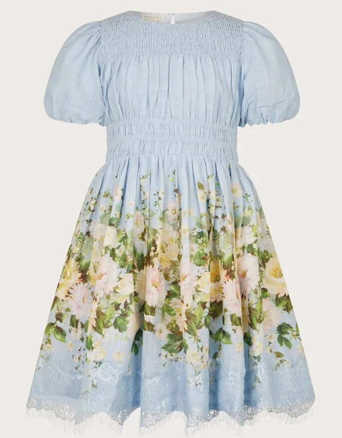 Monsoon Floral Border Lace Dress Blue Children Dresses