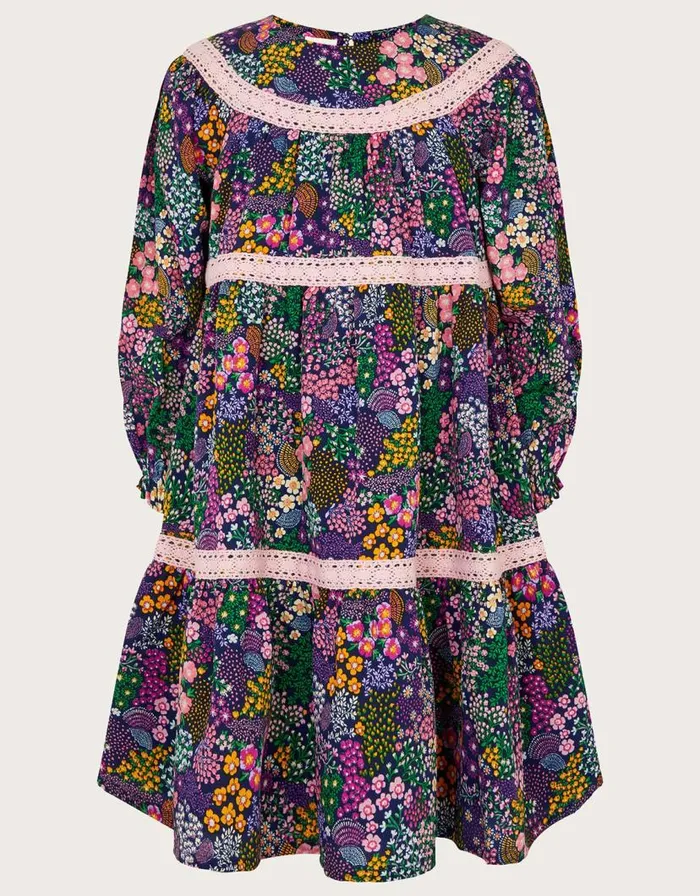 Monsoon Floral Trim Detail Dress Blue Children Dresses