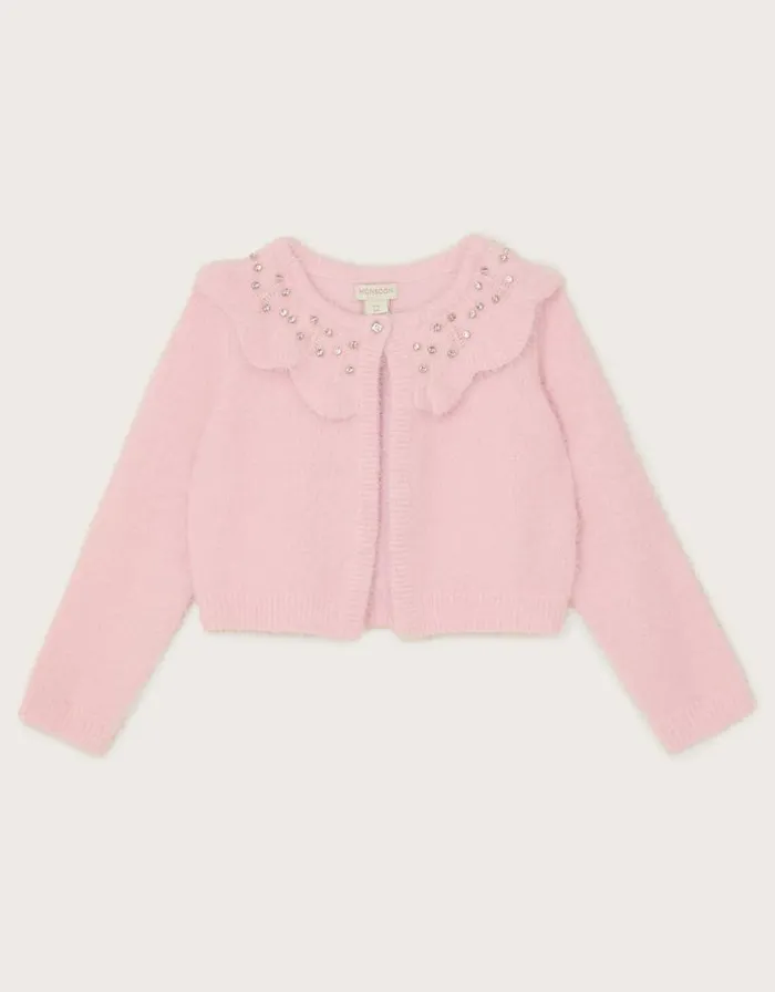 Monsoon Fluffy Gem Collar Bolero Cardigan Pink Children Knitwear and Cardigans