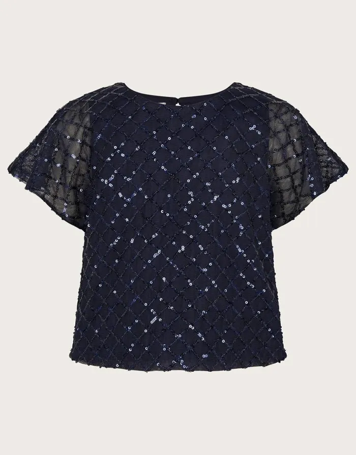 Monsoon Flutter Sleeve Sequin Top Blue Children Partywear