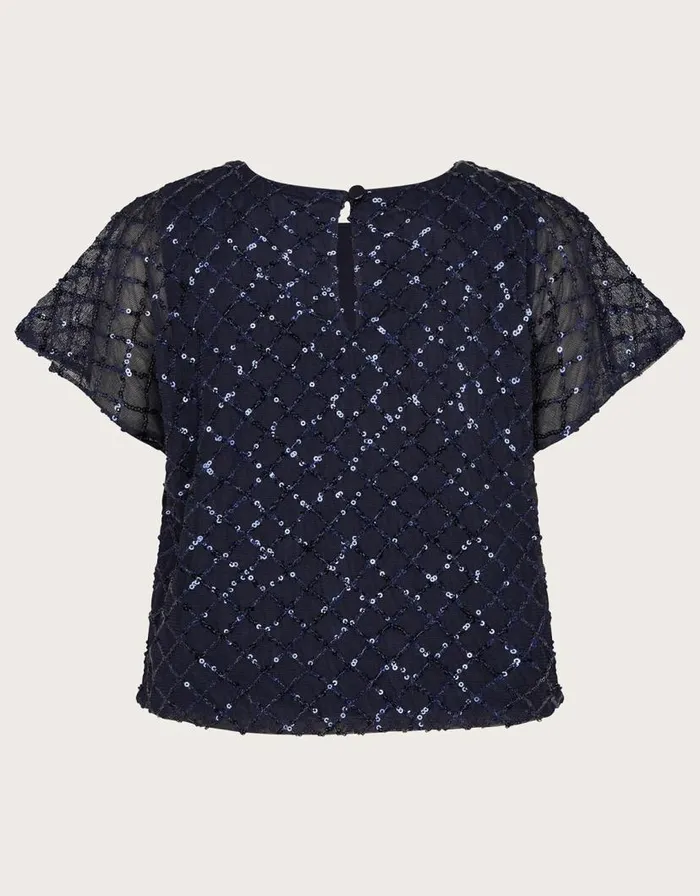 Monsoon Flutter Sleeve Sequin Top Blue Children Partywear Monsoon Flutter Sleeve Sequin Top Blue Children Partywear