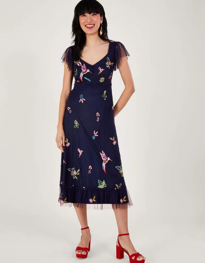 Monsoon Helena Embellished Tea Dress Blue Women Occasionwear