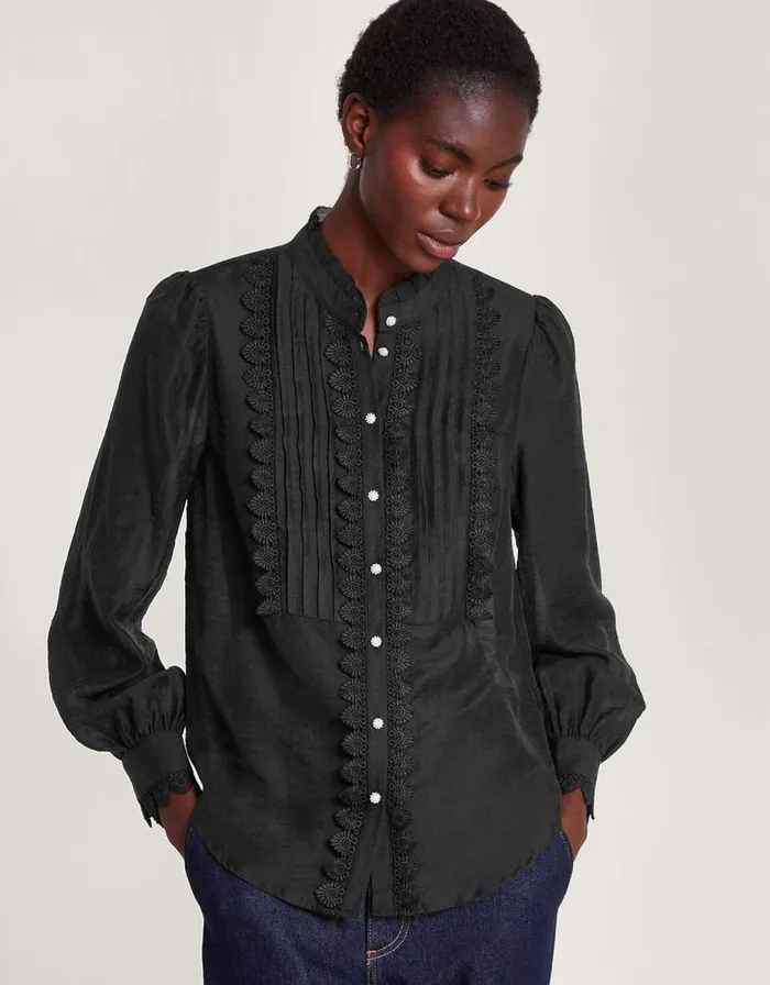 Monsoon Iva Lace Trim Blouse Black Women Tops and Blouses