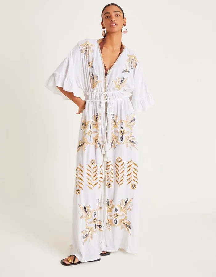 Monsoon Jasmine Embroidered Kaftan Maxi Dress White Women Beachwear and Swimwear