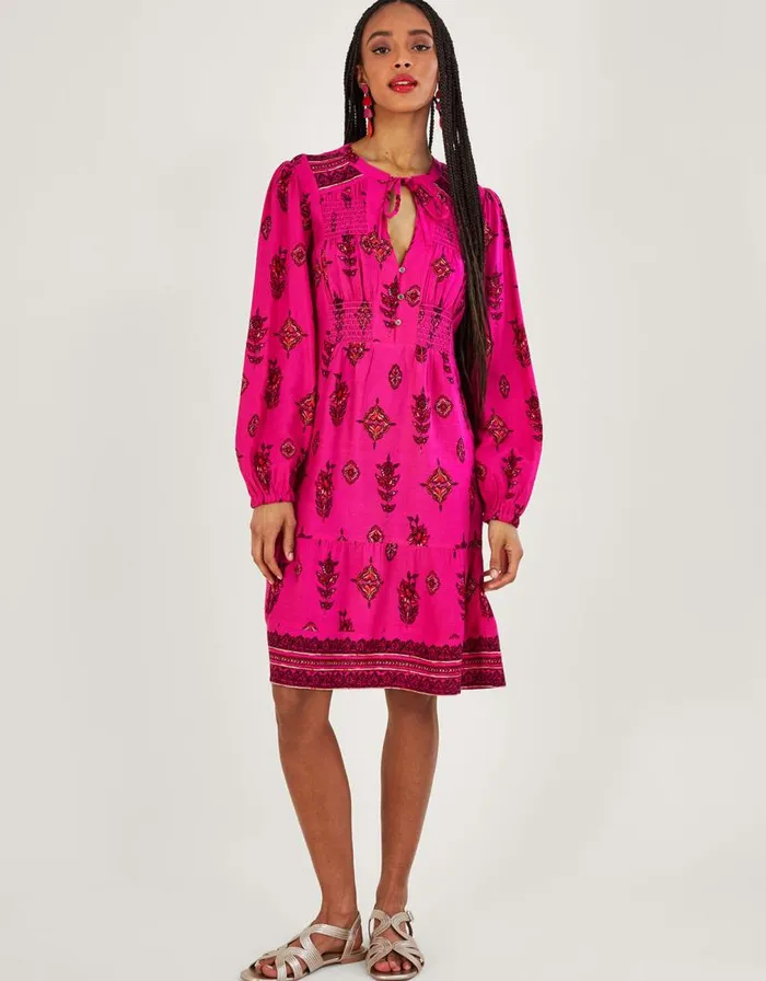 Monsoon Keyhole Neckline Print Short Dress Pink Women Casualwear