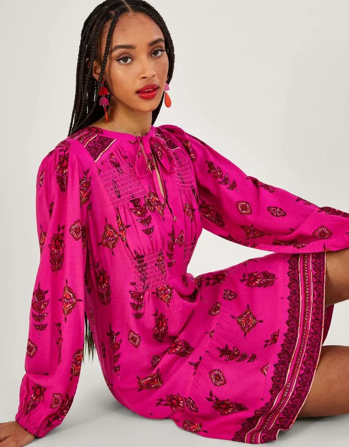Monsoon Keyhole Neckline Print Short Dress Pink Women Casualwear Monsoon Keyhole Neckline Print Short Dress Pink Women Casualwear