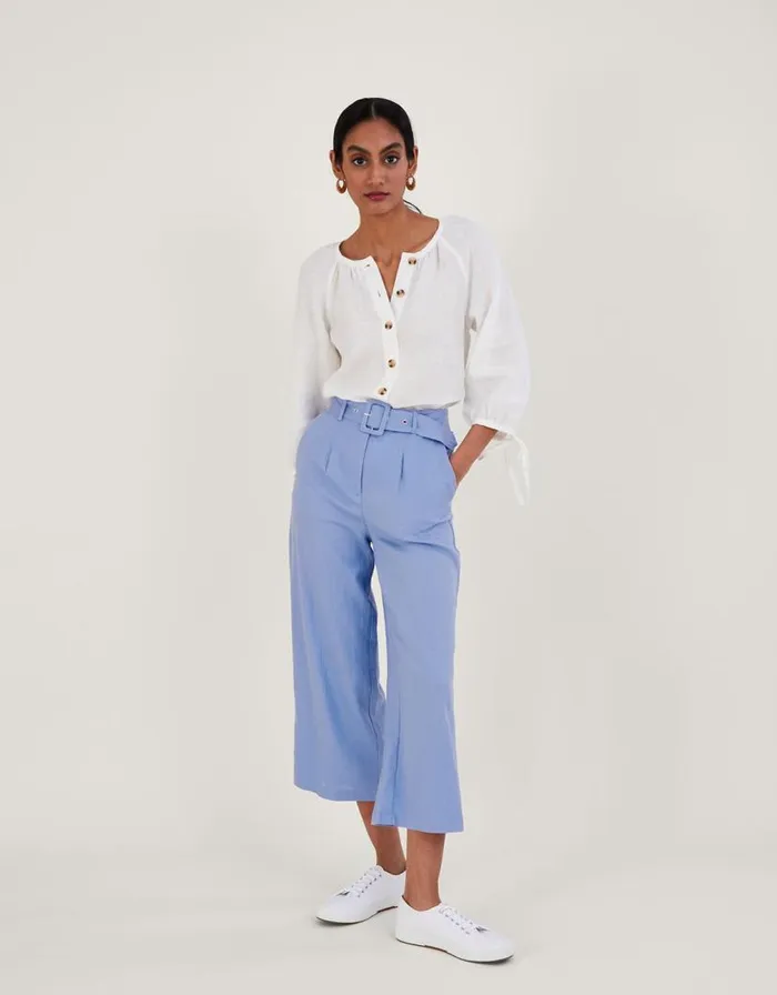 Monsoon Livia Belted Linen Culottes Blue Women Linen