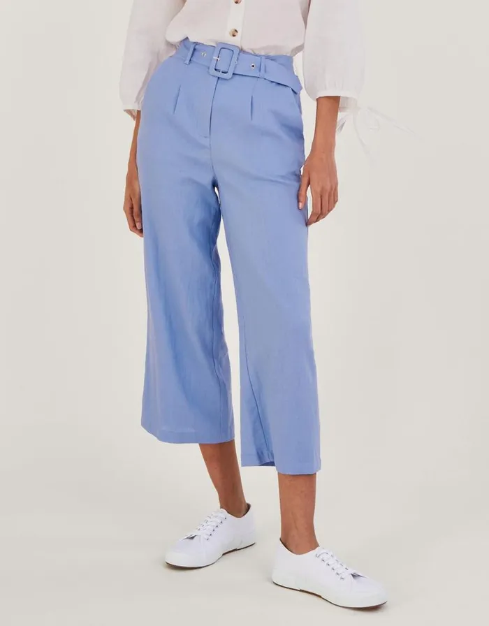 Monsoon Livia Belted Linen Culottes Blue Women Linen Monsoon Livia Belted Linen Culottes Blue Women Linen