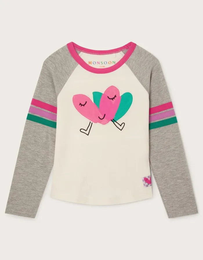 Monsoon Long Sleeve Raglan Heart Graphic Top Ivory Children Tops and Tshirts