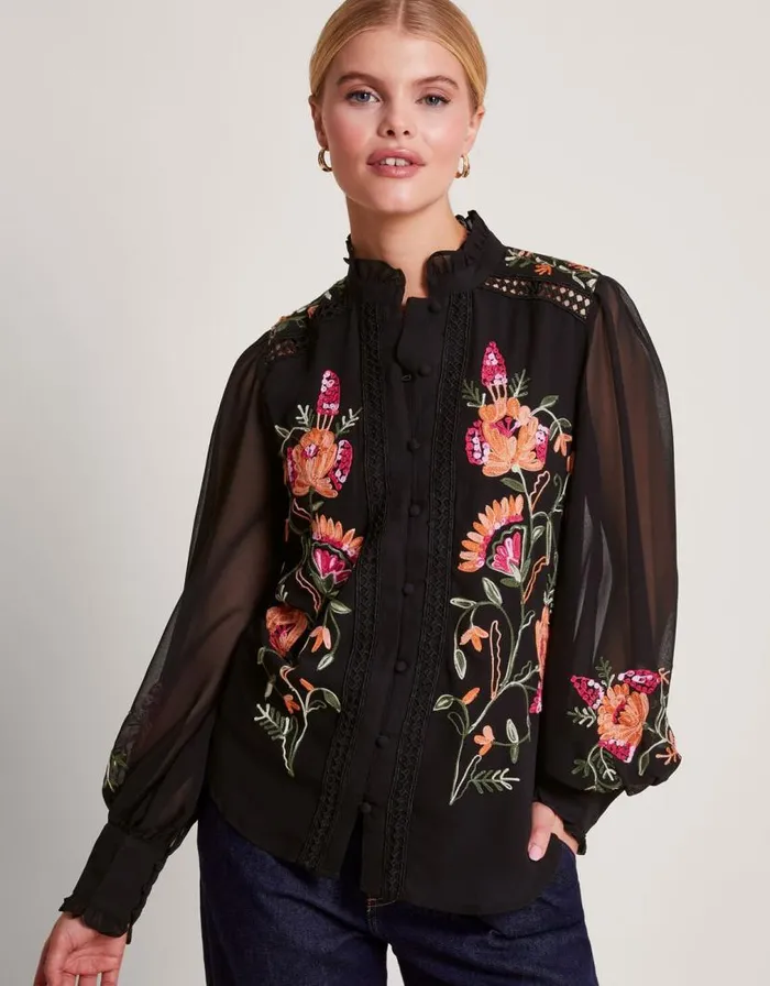 Monsoon Matilda Embroidered Blouse Black Women Tops and Blouses