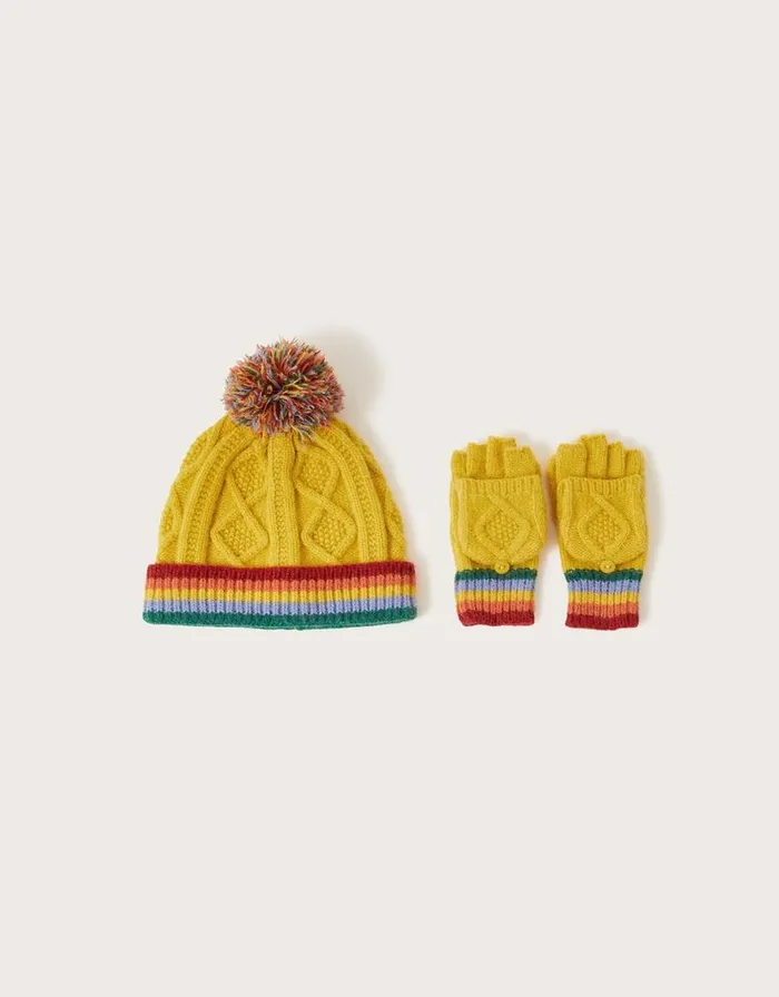 Monsoon Matty Knit Rainbow Hat And Gloves Set Yellow Children Hats and Sunglasses