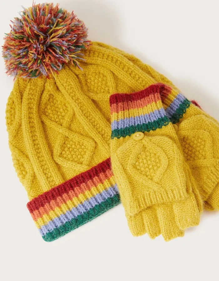 Monsoon Matty Knit Rainbow Hat And Gloves Set Yellow Children Hats and Sunglasses Monsoon Matty Knit Rainbow Hat And Gloves Set Yellow Children Hats and Sunglasses