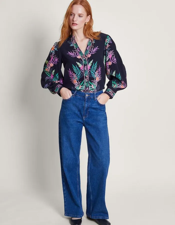 Monsoon Mirella Palm Print Blouse Black Women Tops and Blouses