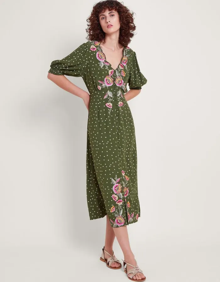 Monsoon Myla Embroidered Tea Dress Green Women Day Dresses