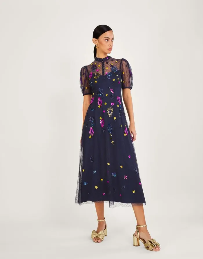 Monsoon Natalia Embellished Midi Dresst Blue Women Occasionwear