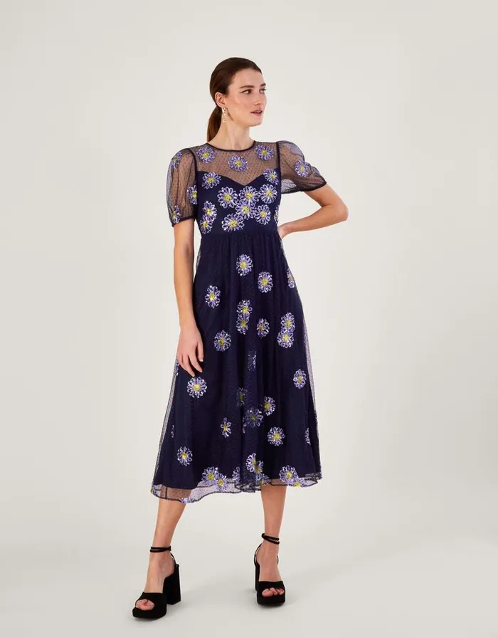Monsoon Nellie Embellished Midi Dress Blue Women Occasionwear