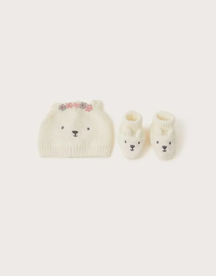 Monsoon Newborn Bear Embroidered Hat And Booties Set Children Hats and Sunglasses