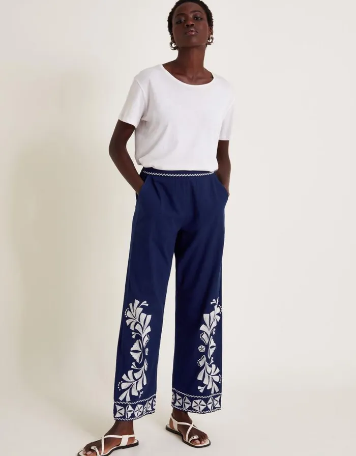 Monsoon Ola Embroidered Wide Leg Trousers Blue Women Trousers and Jeans