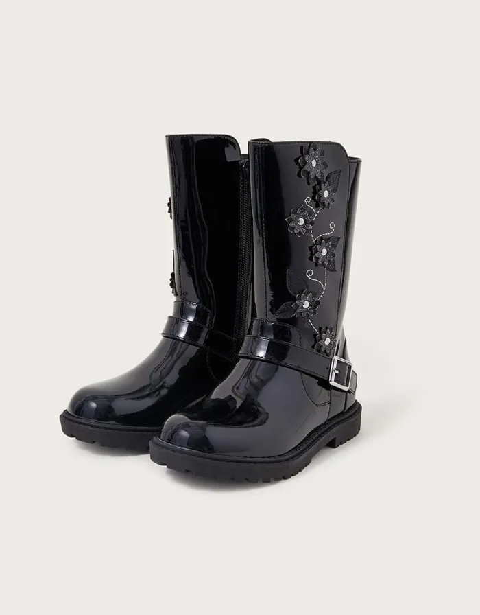 Monsoon Patent Flower Riding Boots Black Children Girls039 Shoes and Sandals