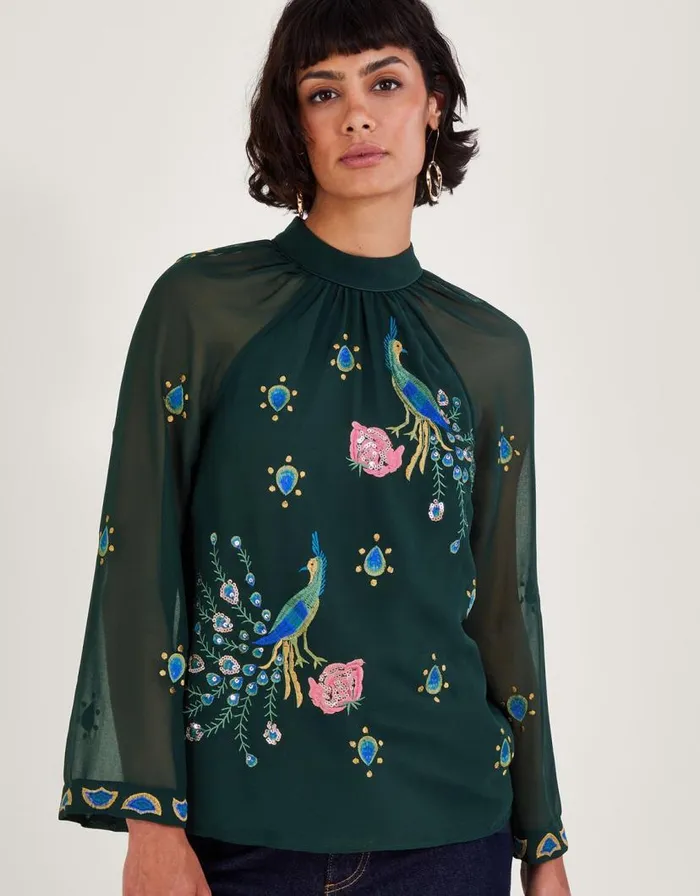Monsoon Perla Peacock Embellished Blouse Green Women Tops and Blouses