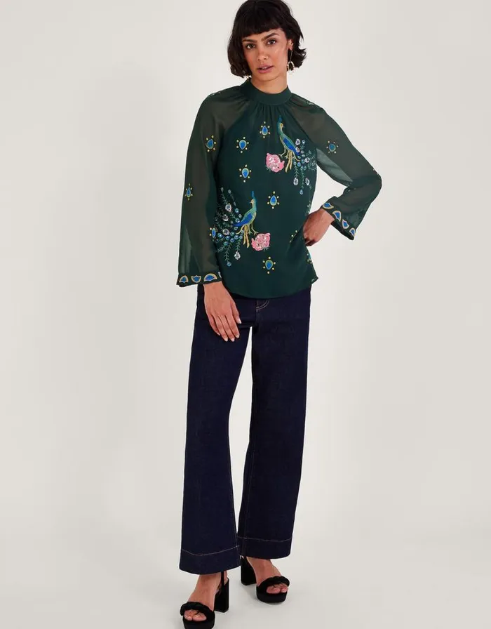 Monsoon Perla Peacock Embellished Blouse Green Women Tops and Blouses Monsoon Perla Peacock Embellished Blouse Green Women Tops and Blouses
