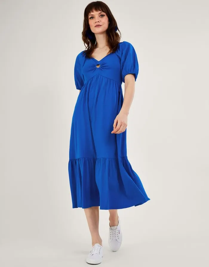 Monsoon Puff Sleeve ORing Detail Midi Dress Blue Women Midi Dresses