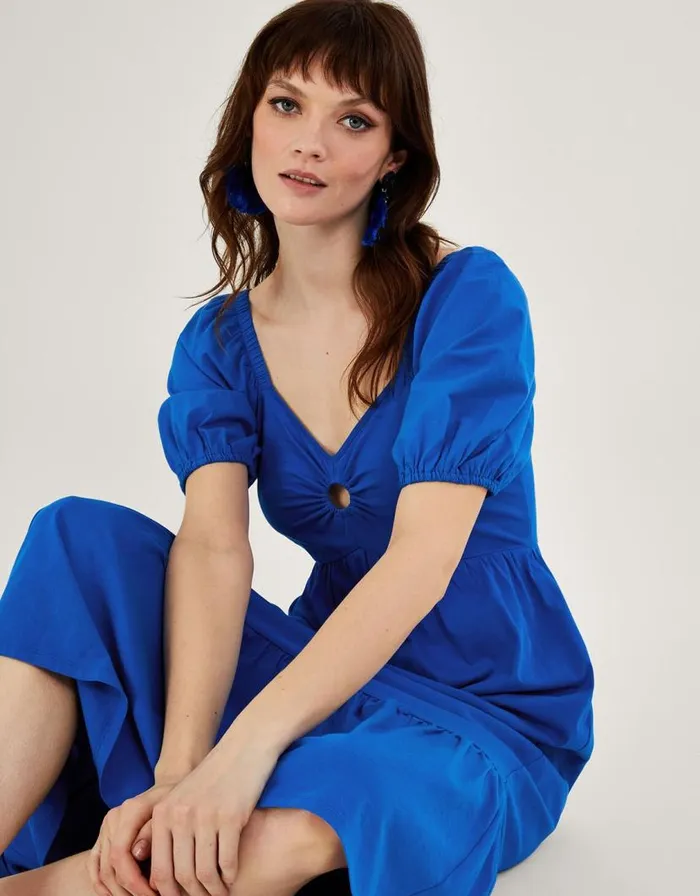 Monsoon Puff Sleeve ORing Detail Midi Dress Blue Women Midi Dresses Monsoon Puff Sleeve ORing Detail Midi Dress Blue Women Midi Dresses