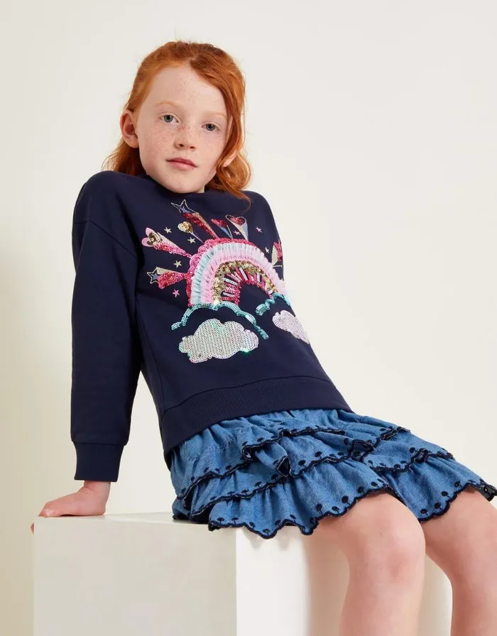Monsoon Rainbow Embellished Sweatshirt Blue Children Tops and Tshirts