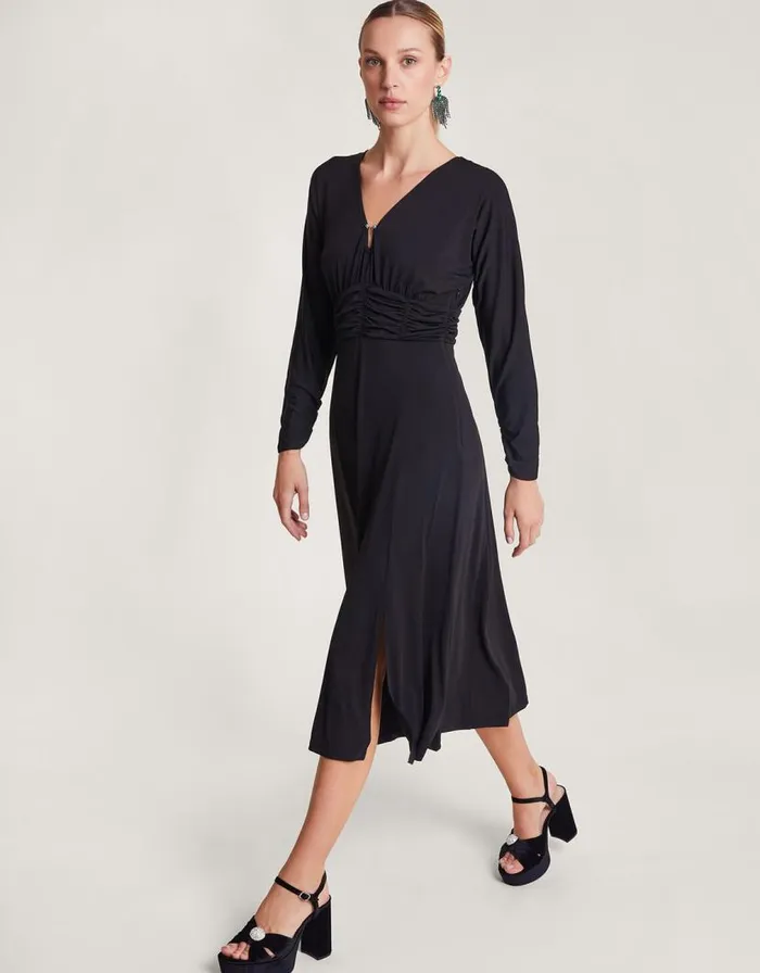 Monsoon Ray Ruched Dress Black Women Midi Dresses